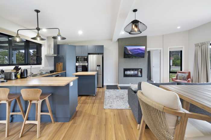 Modern Blue and Wooden Living and Kitchen